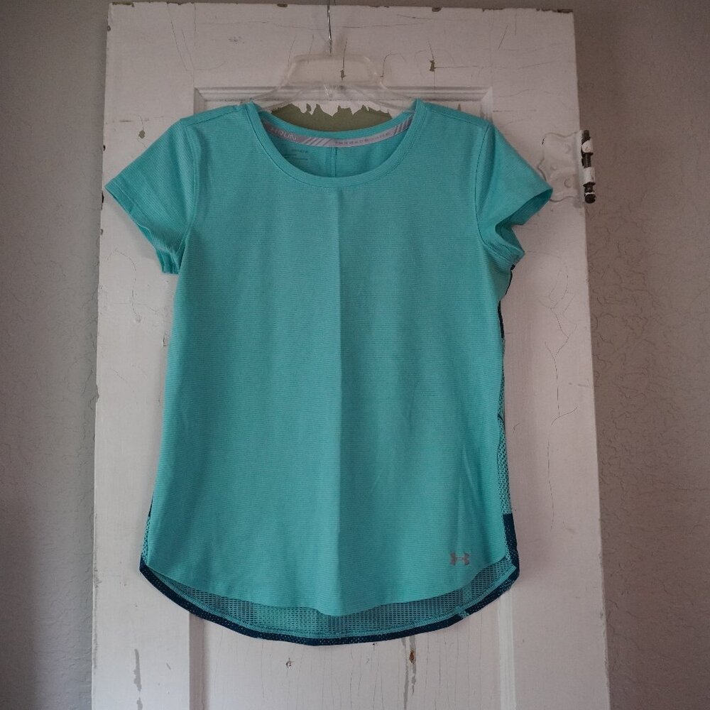 Under Armour Threadborne Run‎ Womens Turquoise Geometric Mesh Back Shirt Medium